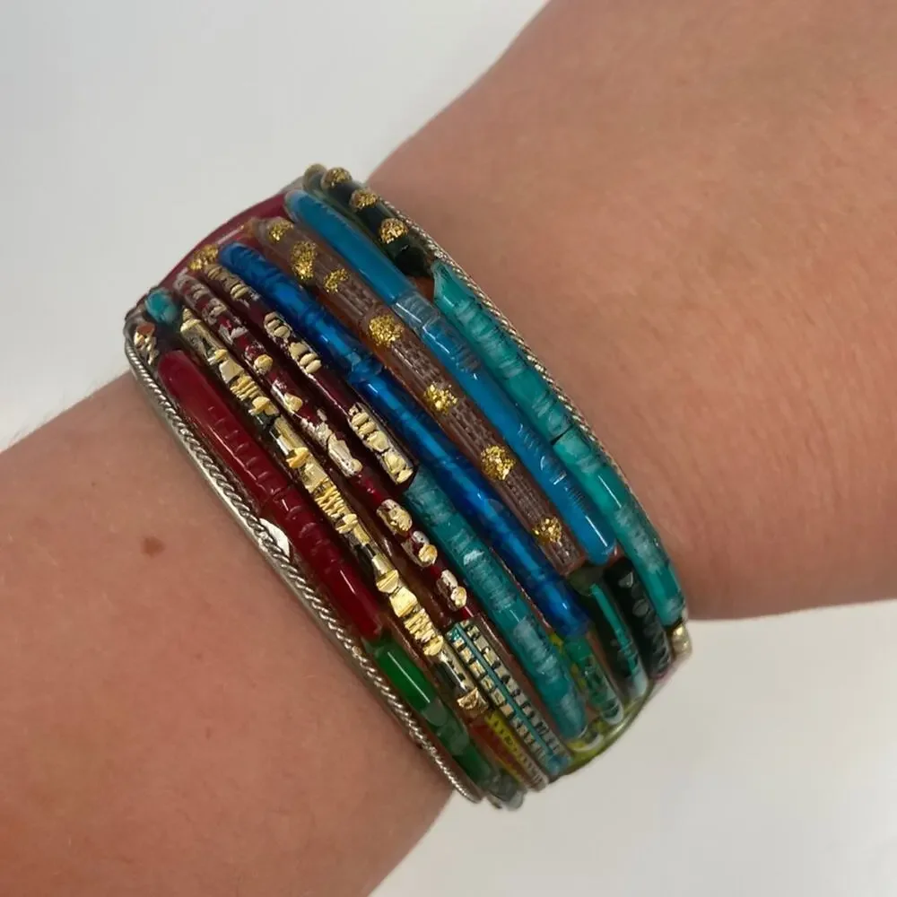 Mosaic Style Multicolored Art Glass Overlay Clamper bracelet